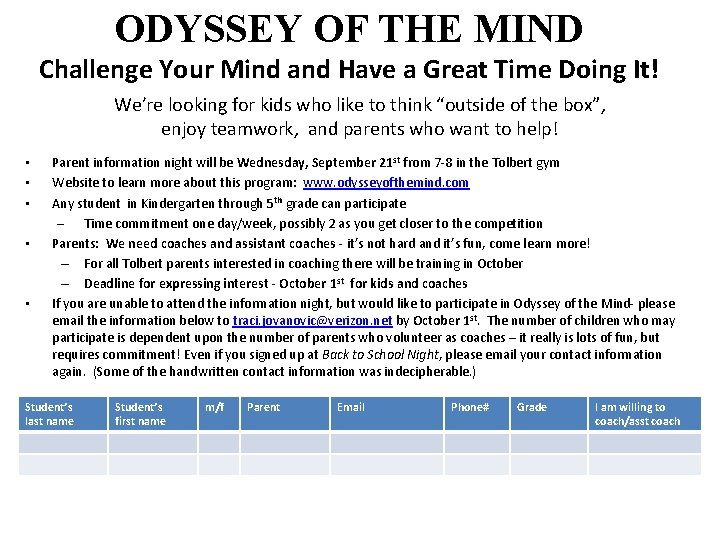 ODYSSEY OF THE MIND Challenge Your Mind and Have a Great Time Doing It!