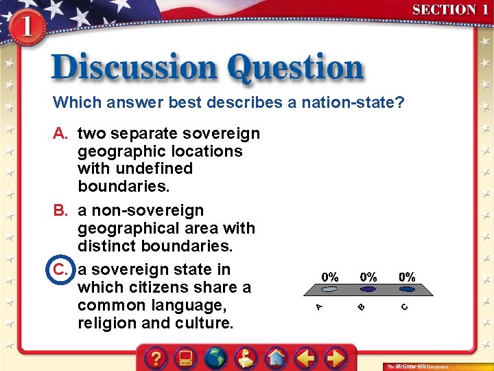 Which answer best describes a nation-state? A. two separate sovereign geographic locations with undefined