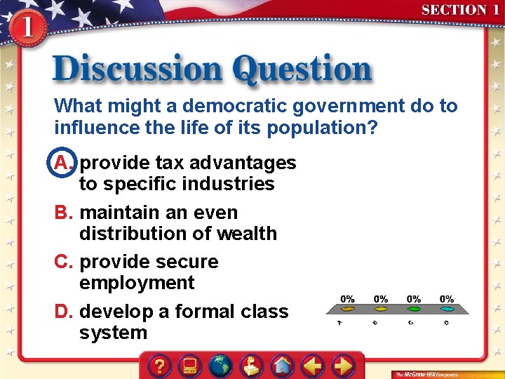 What might a democratic government do to influence the life of its population? A.