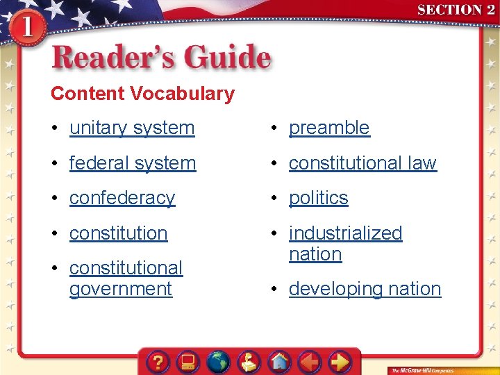 Content Vocabulary • unitary system • preamble • federal system • constitutional law •