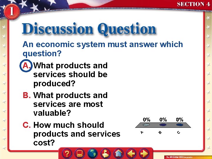 An economic system must answer which question? A. What products and services should be