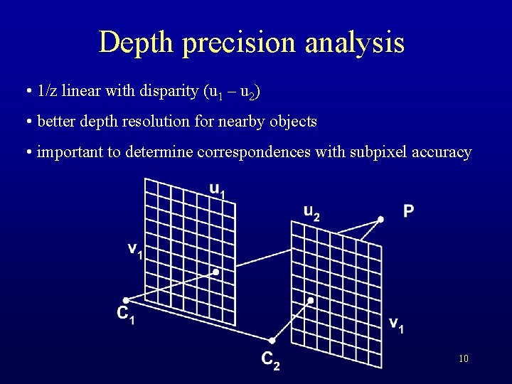 Depth precision analysis • 1/z linear with disparity (u 1 – u 2) •