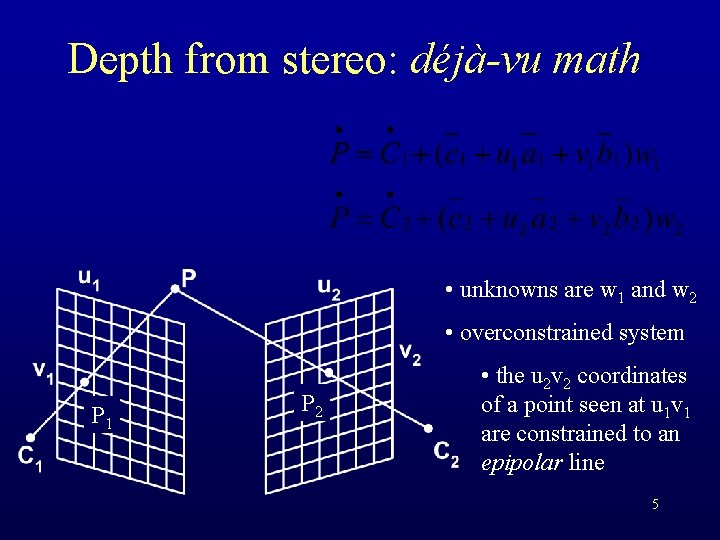 Depth from stereo: déjà-vu math • unknowns are w 1 and w 2 •