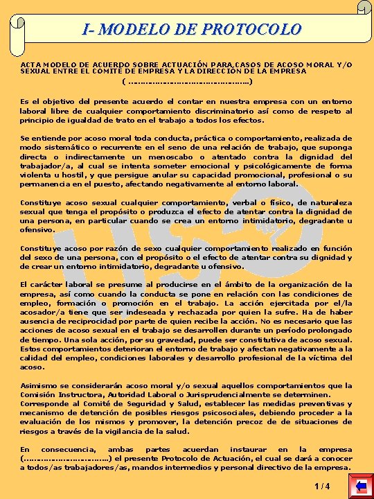 I- MODELO DE PROTOCOLO ACTA MODELO DE ACUERDO SOBRE ACTUACIÓN PARA CASOS DE ACOSO