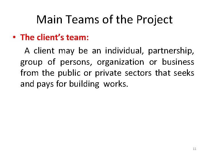 Main Teams of the Project • The client’s team: A client may be an