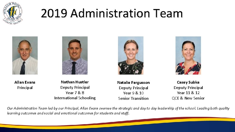 2019 Administration Team Allan Evans Principal Nathan Hustler Deputy Principal Year 7 & 8