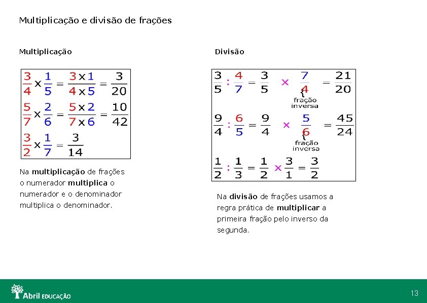 Multiplicação e divisão de frações Multiplicação Divisão Na multiplicação de frações o numerador multiplica