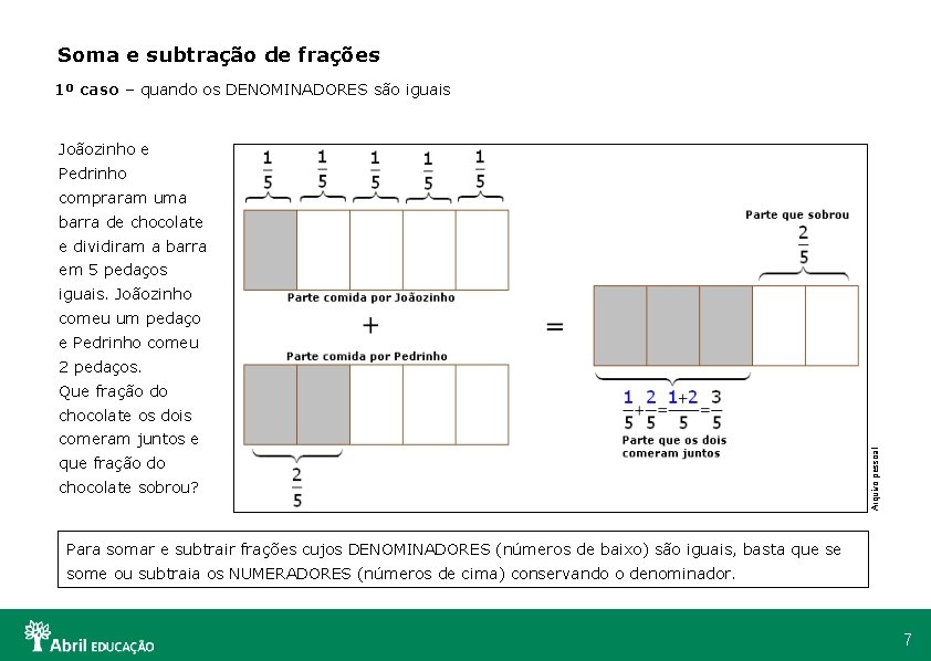 Soma e subtração de frações 1º caso – quando os DENOMINADORES são iguais Joãozinho