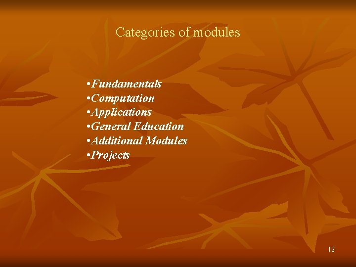 Categories of modules • Fundamentals • Computation • Applications • General Education • Additional