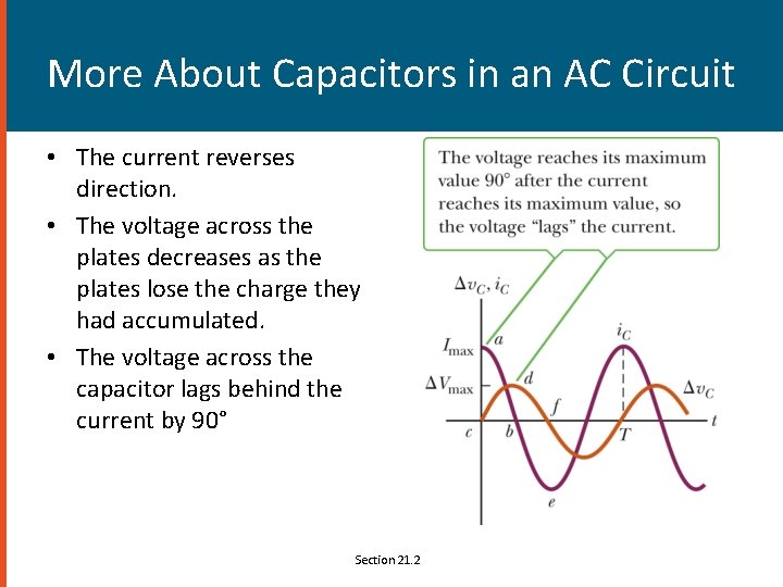 More About Capacitors in an AC Circuit • The current reverses direction. • The