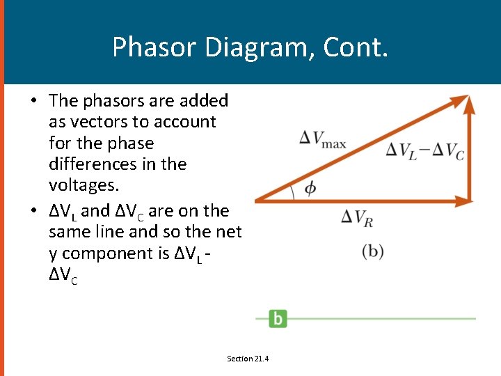 Phasor Diagram, Cont. • The phasors are added as vectors to account for the