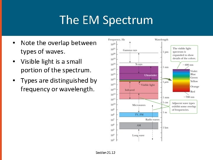 The EM Spectrum • Note the overlap between types of waves. • Visible light