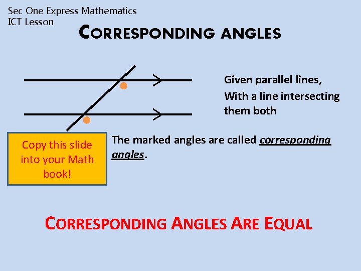 Sec One Express Mathematics ICT Lesson CORRESPONDING ANGLES Given parallel lines, With a line