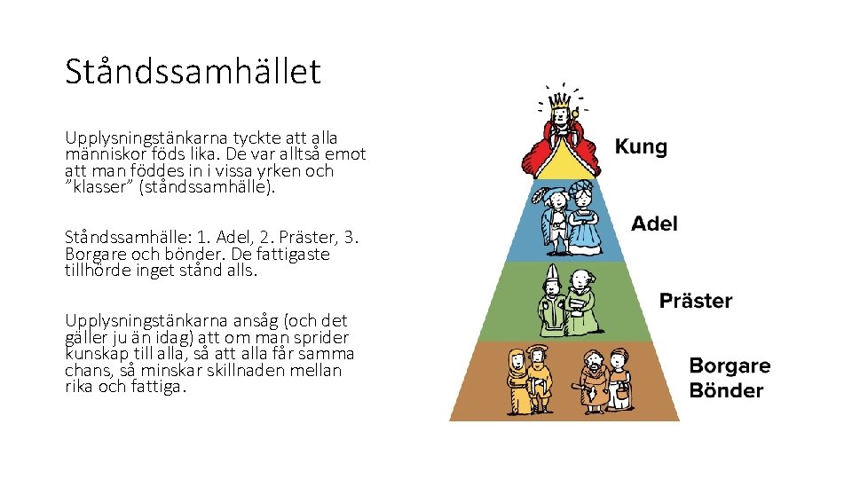 Ståndssamhället Upplysningstänkarna tyckte att alla människor föds lika. De var alltså emot att man