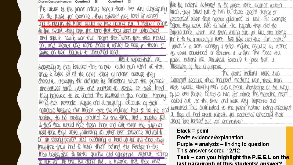 Black = point Red= evidence/explanation Purple = analysis – linking to question This answer Black = point Red= evidence/explanation Purple = analysis – linking to question This answer