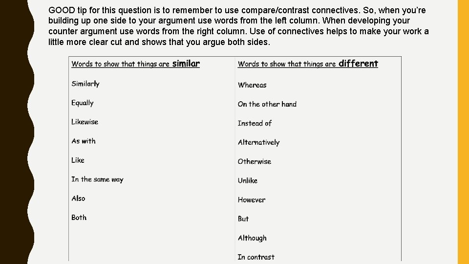 GOOD tip for this question is to remember to use compare/contrast connectives. So, when