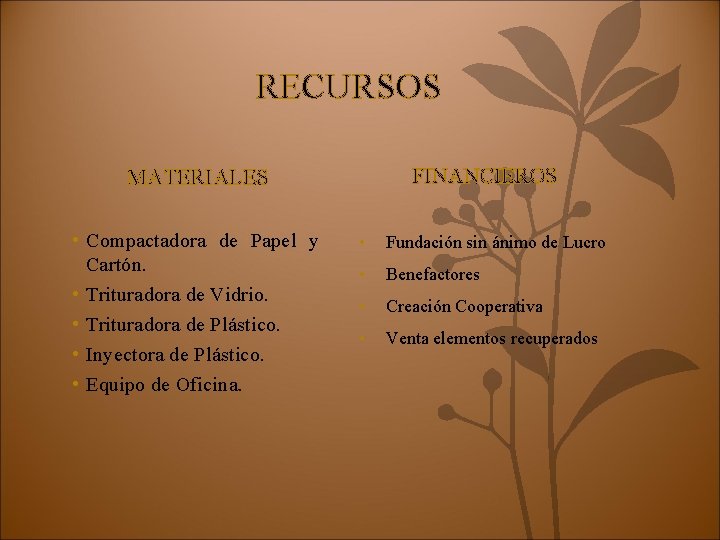 RECURSOS FINANCIEROS MATERIALES • Compactadora de Papel y Cartón. • Trituradora de Vidrio. •