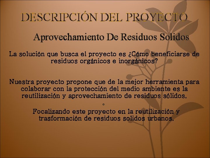 DESCRIPCIÓN DEL PROYECTO Aprovechamiento De Residuos Solidos La solución que busca el proyecto es