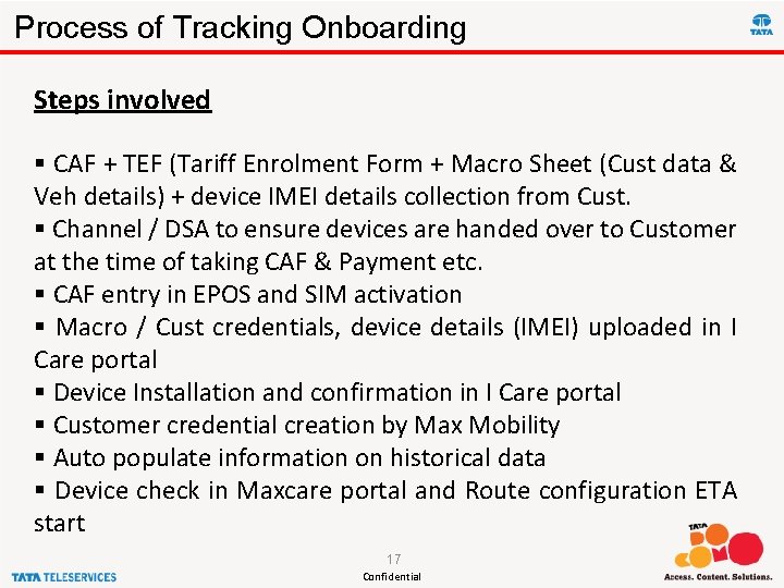 Process of Tracking Onboarding Steps involved § CAF + TEF (Tariff Enrolment Form +