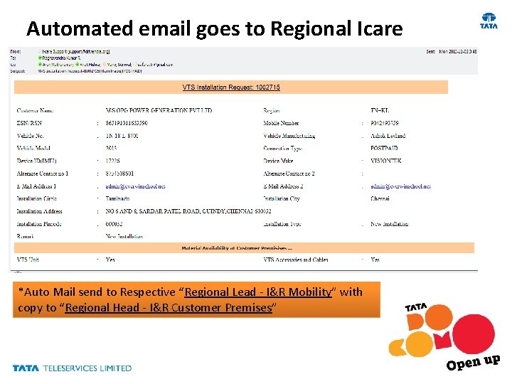 Automated email goes to Regional Icare *Auto Mail send to Respective “Regional Lead -