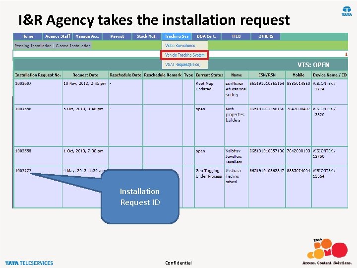 I&R Agency takes the installation request Installation Request ID Confidential 