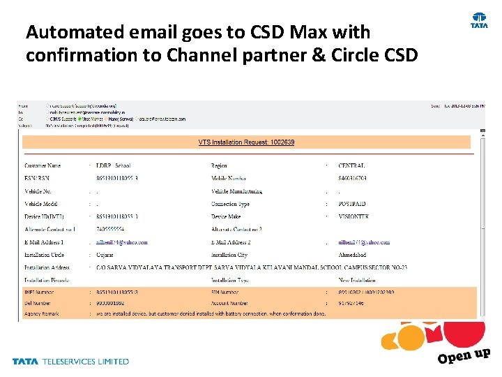 Automated email goes to CSD Max with confirmation to Channel partner & Circle CSD