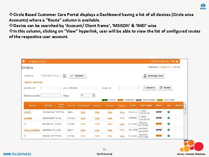 v. Circle Based Customer Care Portal displays a Dashboard having a list of all