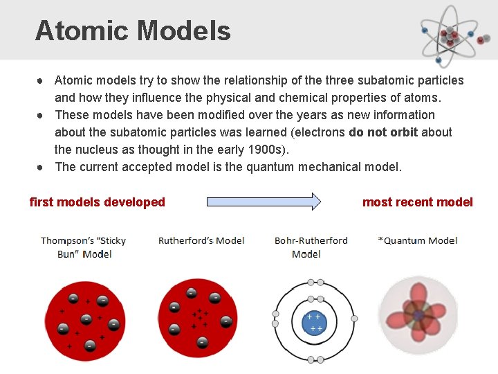 Atomic Models ● Atomic models try to show the relationship of the three subatomic