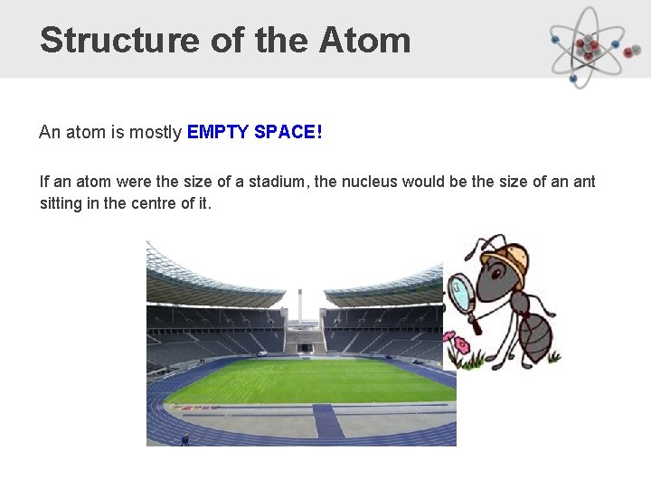 Structure of the Atom An atom is mostly EMPTY SPACE! If an atom were