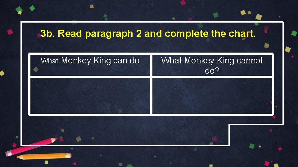 3 b. Read paragraph 2 and complete the chart. What Monkey King can do