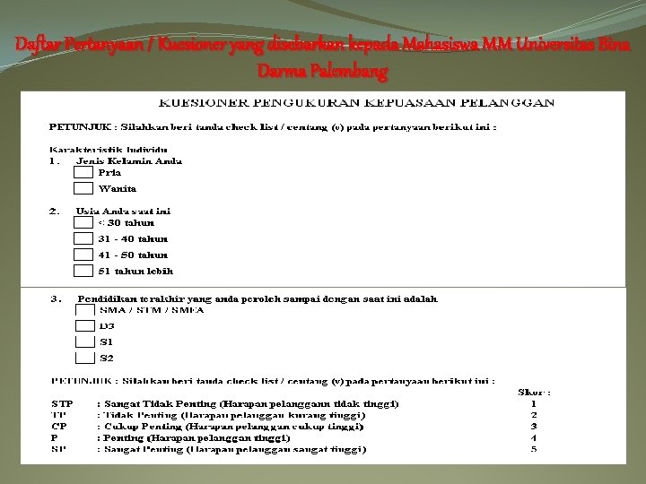 Daftar Pertanyaan / Kuesioner yang disebarkan kepada Mahasiswa M M Universitas Bina Darma Palembang