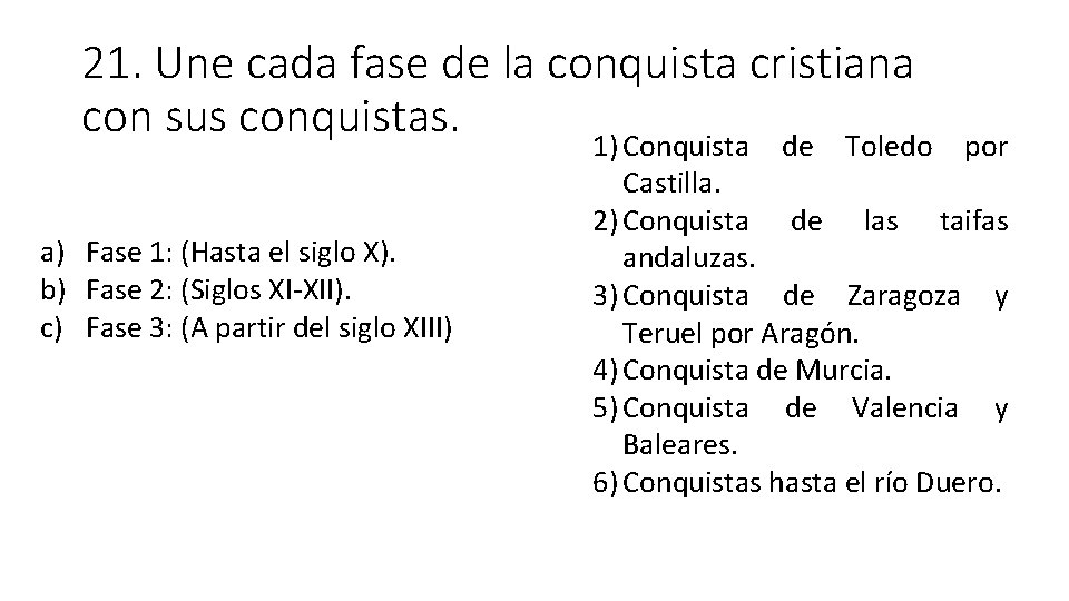 21. Une cada fase de la conquista cristiana con sus conquistas. 1) Conquista de