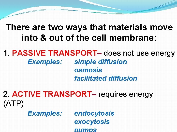 There are two ways that materials move into & out of the cell membrane: