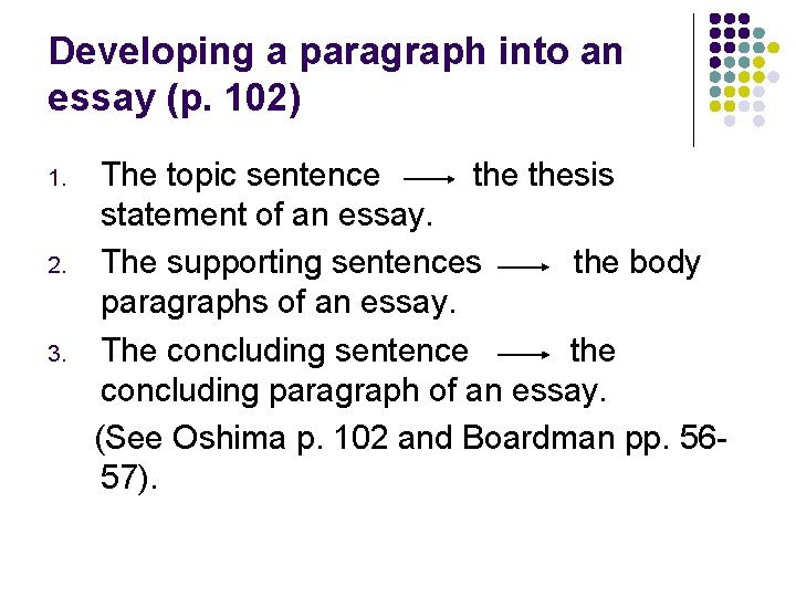 Developing a paragraph into an essay (p. 102) 1. 2. 3. The topic sentence