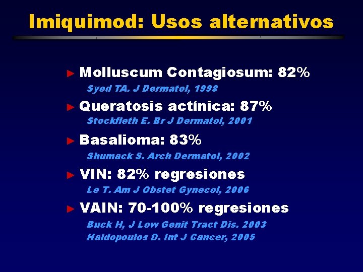 Imiquimod: Usos alternativos ► Molluscum Contagiosum: 82% ► Queratosis actínica: 87% ► Basalioma: 83%