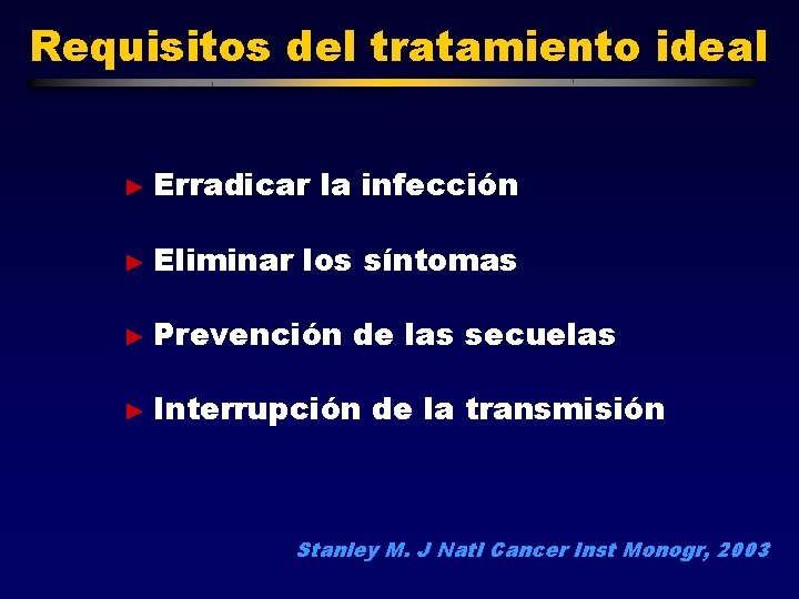 Requisitos del tratamiento ideal ► Erradicar ► Eliminar la infección los síntomas ► Prevención