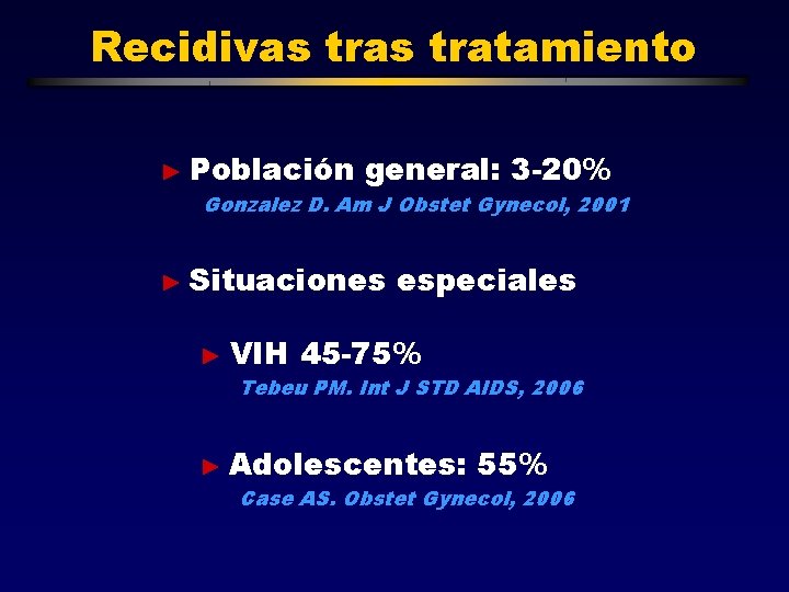 Recidivas tratamiento ► Población general: 3 -20% Gonzalez D. Am J Obstet Gynecol, 2001