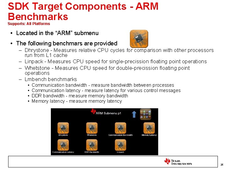 SDK Target Components - ARM Benchmarks Supports: All Platforms • Located in the “ARM”