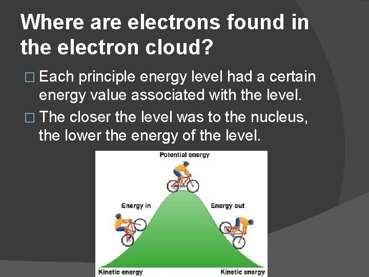 Where are electrons found in the electron cloud? � Each principle energy level had