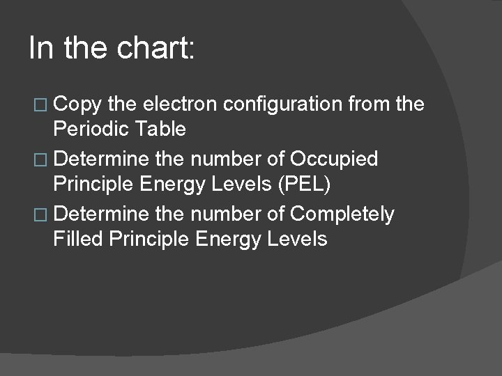 In the chart: � Copy the electron configuration from the Periodic Table � Determine