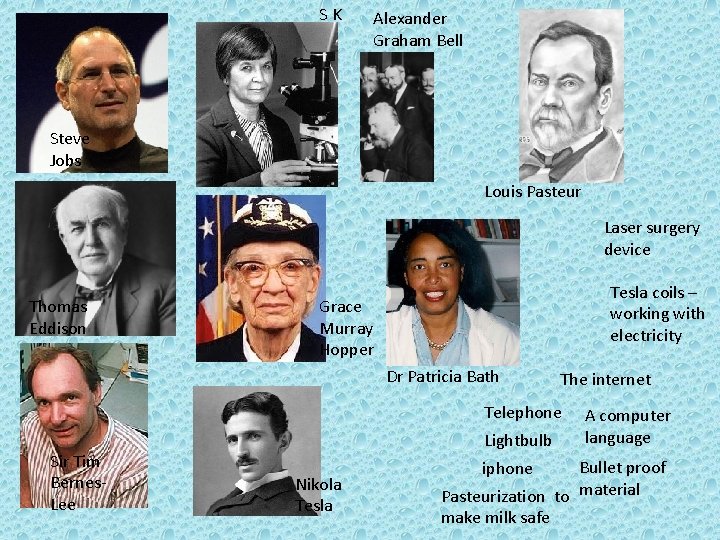 SK Alexander Graham Bell Steve Jobs Louis Pasteur Laser surgery device Thomas Eddison Tesla