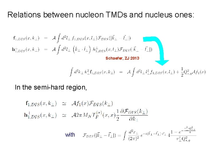 Relations between nucleon TMDs and nucleus ones: Schaefer, ZJ 2013 In the semi-hard region,