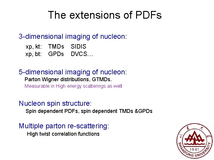 The extensions of PDFs 3 -dimensional imaging of nucleon: xp, kt: xp, bt: TMDs