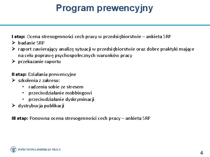 Program prewencyjny I etap: Ocena stresogenności cech pracy w przedsiębiorstwie – ankieta SRP Ø