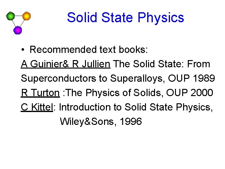 Solid State Physics • Recommended text books: A Guinier& R Jullien The Solid State: