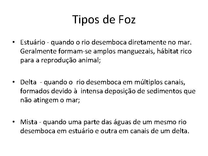 Tipos de Foz • Estuário - quando o rio desemboca diretamente no mar. Geralmente