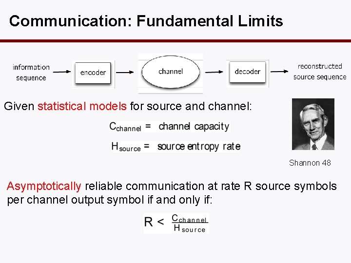 Communication: Fundamental Limits Given statistical models for source and channel: Shannon 48 Asymptotically reliable