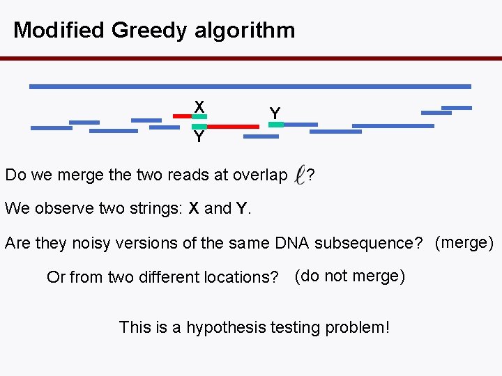 Modified Greedy algorithm X Y Y Do we merge the two reads at overlap