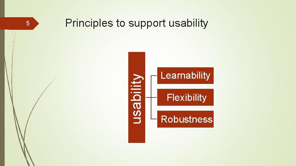 Principles to support usability 5 Learnability Flexibility Robustness 