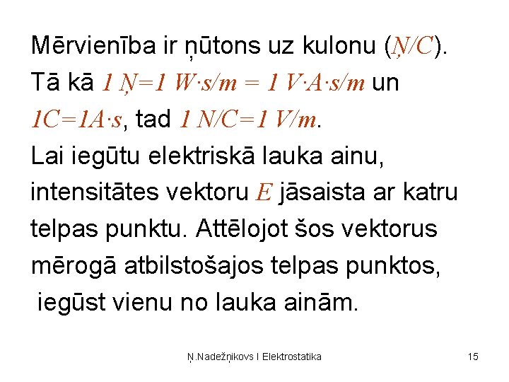 Mērvienība ir ņūtons uz kulonu (Ņ/C). Tā kā 1 Ņ=1 W∙s/m = 1 V∙A∙s/m